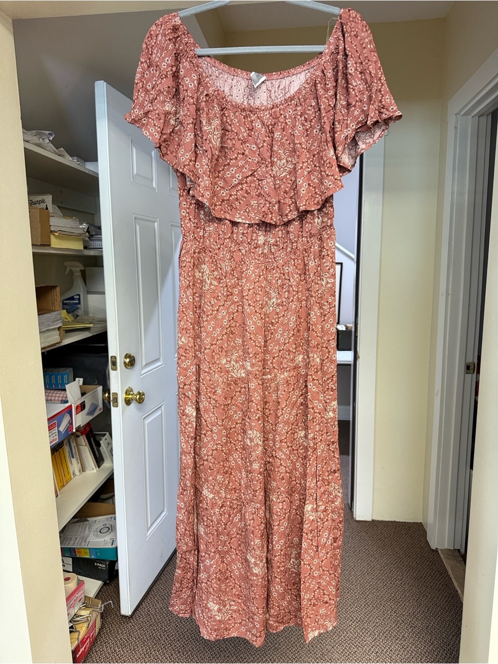 Honeyme Rust Floral Off-Shoulder Maxi Dress with Ruffle